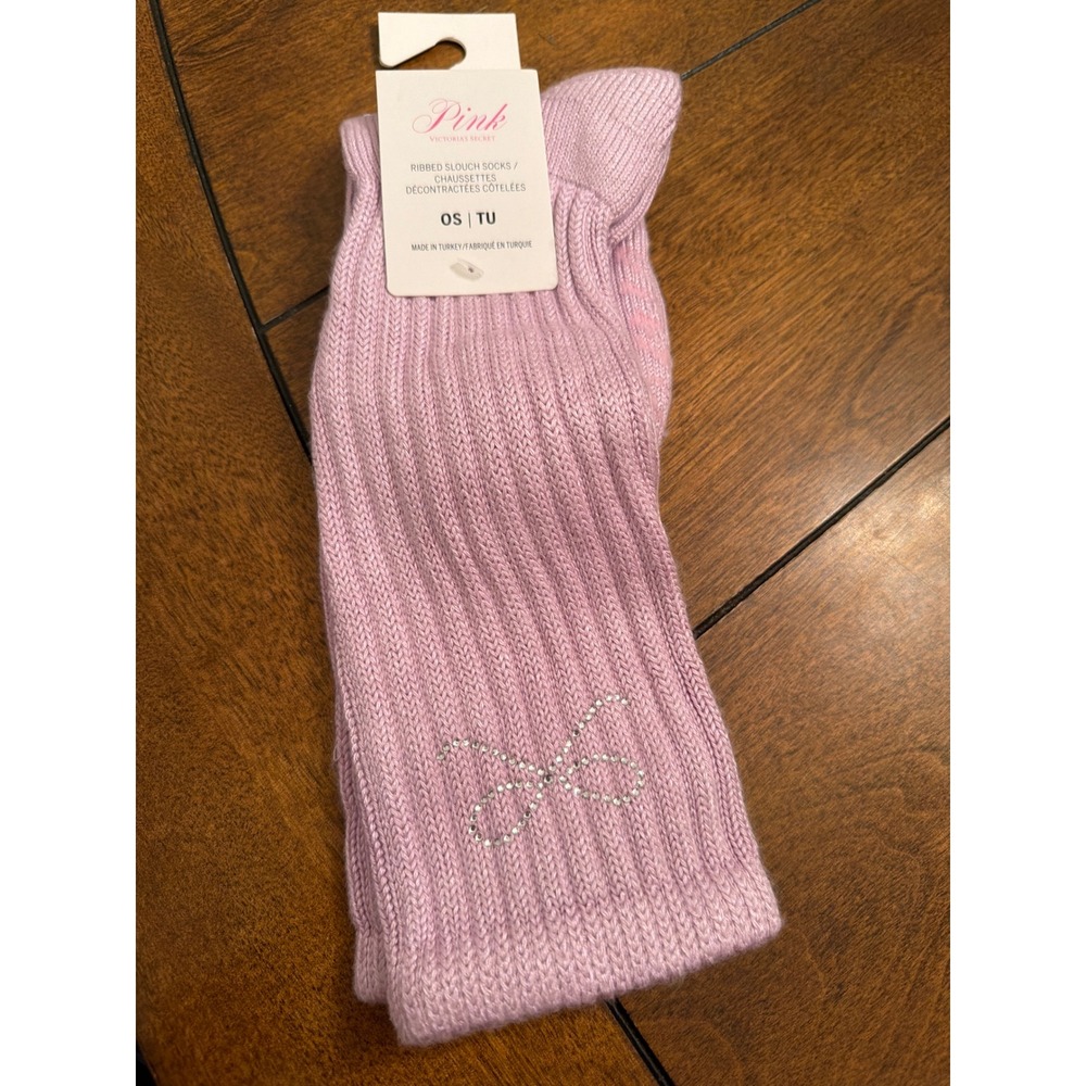 Pink Victoria's Secret Ribbed Slouch Socks Rhinestone Bow Lavender One Size NWT